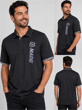 Trimark Men’s 2XL Performance Polo Shirt Black Gray MADE Logo 100% Polyester